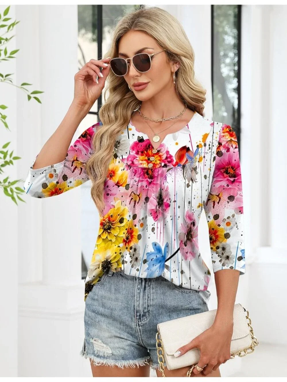Women's White Colorful Long Sleeve V Neck Casual Henley Blouses Tops T Shirt